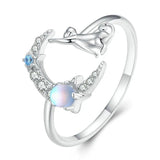 Cat and Moon Cute Animal Opening Ring Moonstone Adjustable Ring